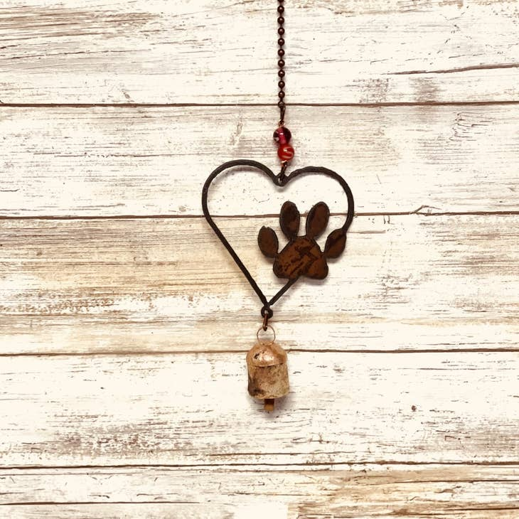 Heart Outline with Paw Single Rusty Metal Bell Chime